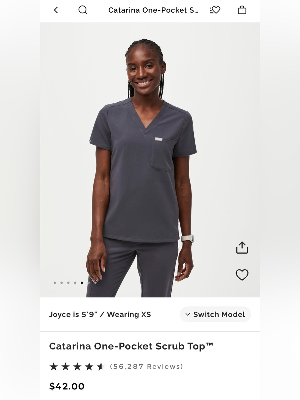 Figs Women's Charcoal Catarina one-Pocket Short Sleeve Scrub Top - XXS like new